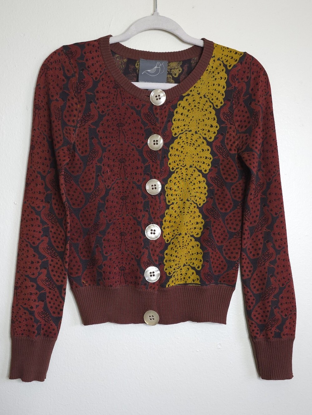 Knitted Dove Peacock Jacquard Knit Cardigan Sweater Mustard Lace Trim Small